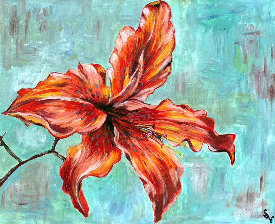 a custom acrylic painting depicting an orange lily